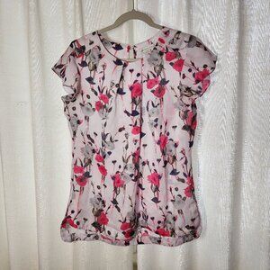 Cap sleeve dress shirt, white with pink & grey flowers, Liz Claiborne. Med